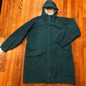 Vintage Women’s XL L.L. Bean Stowaway Long, Hooded Turquoise Rain Jacket